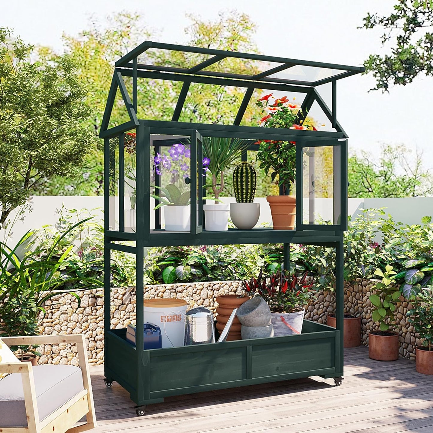 62" Wooden Greenhouse with Wheels - Adjustable Shelves Portable Cold Frame for Balcony/Patio, UV-Resistant Indoor Outdoor Plant Growing Cabinet (Large, Heavy-Duty) (Green)
