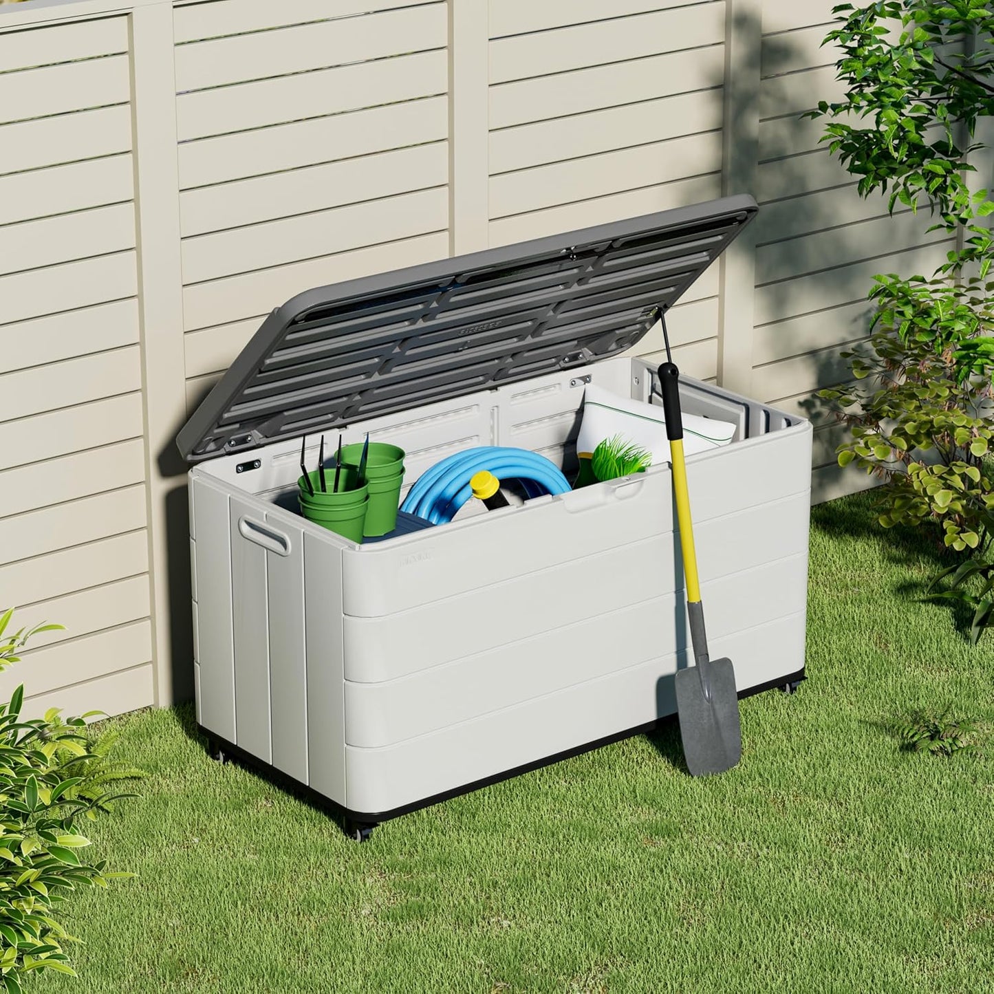 100GAL White Resin Deck Box with Wheels – Lockable, Waterproof, SGS-Tested UV Resistance, Spacious Outdoor Storage for Patio Cushions & Pool Gear, Easy Assembly