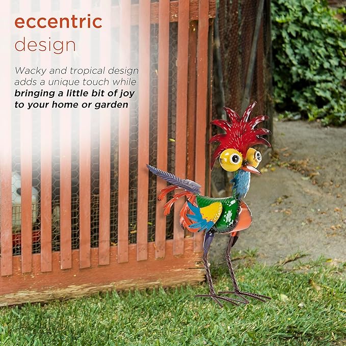 Alpine Corporation - 18" Tall Wacky Metal Rooster Yard Statue – Colorful Indoor/Outdoor Farm Animal Décor for Garden, Patio, Lawn, or Porch