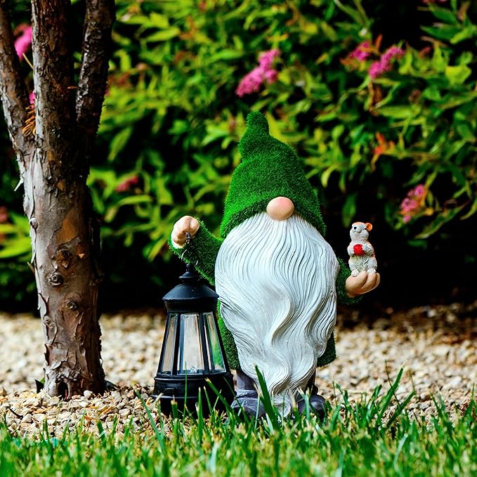Garden Gnome with Squirrel 11.8, Gnomes with Solar Lantern, Garden Statues Outdoor Clearance, Garden Gnomes Outdoor Funny for Patio Decor, Fall Gnomes