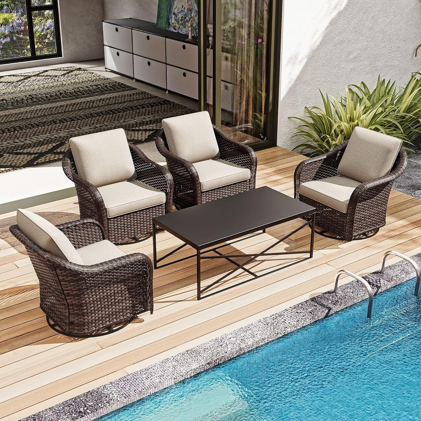 5 Pieces Outdoor Patio Conversation Furniture Set, 4 Pieces Rattan Glider 360 Degree Swivel Rocker Chairs with Removable Cushions, Coffee Table for Porch, Poolside (Beige)