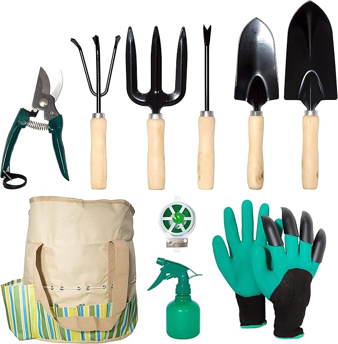 Garden Tools Set 10 Pcs, Heavy Duty Gardening Tool Kit with Storage Organizer, Ergonomic Hand Digging Weeder/Rake/Shovel/Fork/Sprayer/Gloves/Plant Rope/Pruner