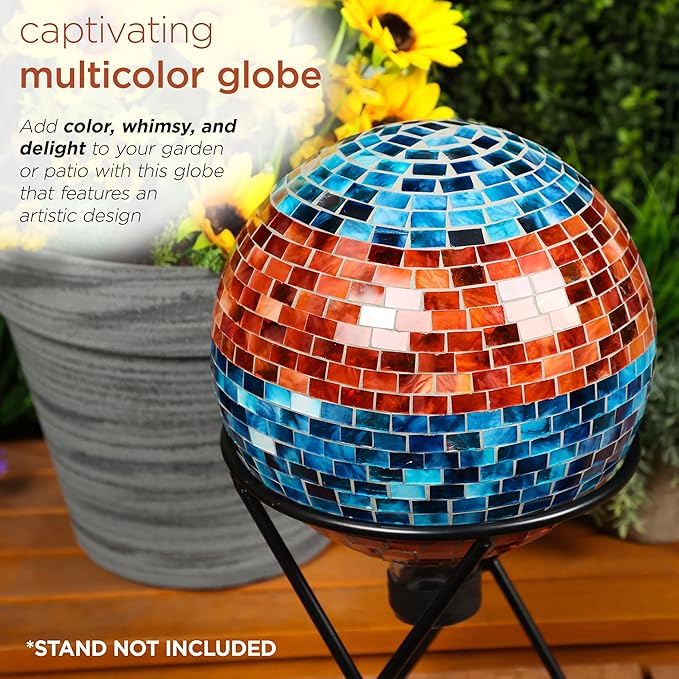 Alpine Corporation HGY292 Striped Mosaic Gazing Globe, Stylish Décor for Garden, Patio, & Lawn, 12" H, Orange and Turquoise