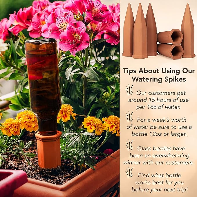 6 Pack Terracotta Watering Spikes for Indoor and Outdoor Plants - Simple and Easy Setup - Keep Plants Happy and Watered While You are Away