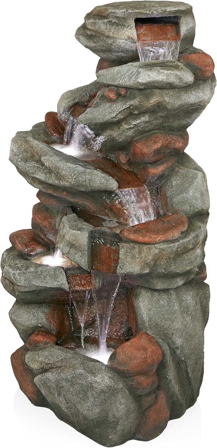 Alpine Corporation WIN1548 Outdoor Floor Cascading Stone Fountain with LED Lights, Tiered Garden Water Fountain, 53" H, Gray