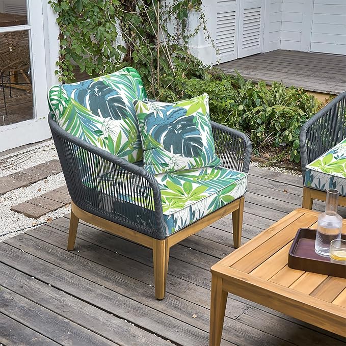 LVTXIII Outdoor Deep Seat Cushion Patio Seat and Back Cushion Set Seasonal Chair Cushion with Removable Cover and Adjustable Buckle for Home and Garden, 24"x24"x4", Islamorada Blue Green