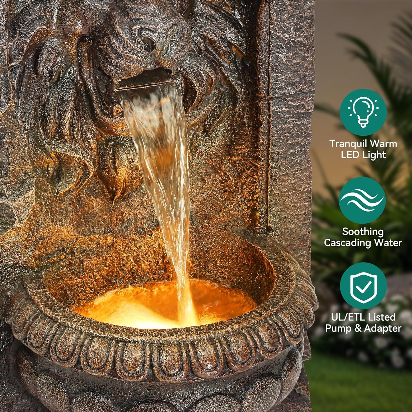 30" Lion Head Outdoor Water Fountain with LED Lights, 2-Tier Resin Garden Fountain, Tranquil Cascading Waterfall for Patio Yard Deck or Porch, Faux Bronze Finish, Weather-Resistant
