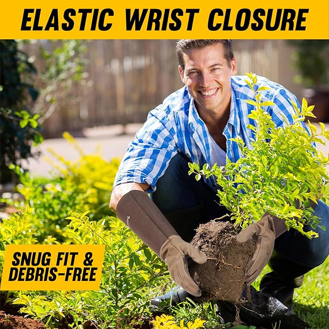 HANDLANDY Long Gardening Gloves for Men & Women, Cowhide Leather Rose Pruning Gloves- Breathable & Durable Gauntlet Glove (Medium, Brown)