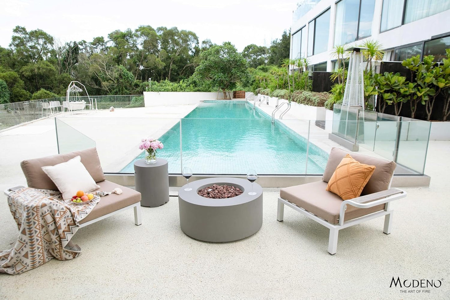 AMS Fireplace | Modeno Tramore Package | Light Gray Liquid Propane Gas Fire Pit Table for Outside Patio Bundle with Tank Cover, Wind Guard, and SS Burner Lid | Free Ice Bucket & Rubber Mat