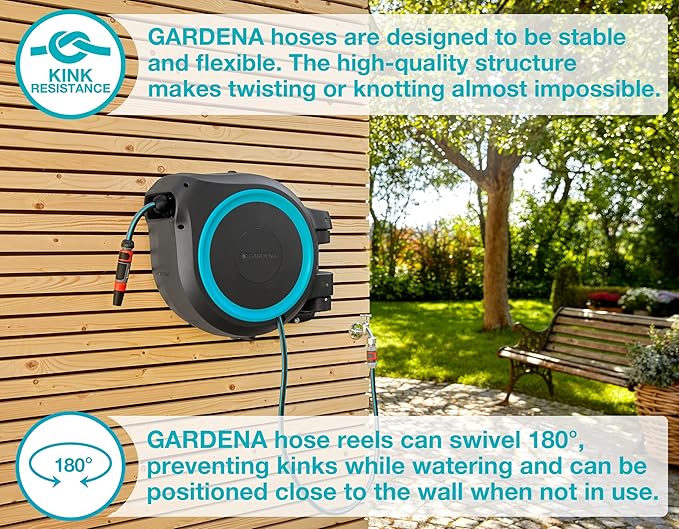 GARDENA (18630) Retractable Garden Hose Reel 115' x 1/2" Wall Mounted, Automatic Retraction & Length Lock for Easy Watering. Heavy Duty Swivel Bracket 180°, Includes Nozzle. Made in Europe