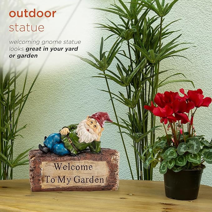 Alpine Corporation 9" Tall Outdoor Garden Gnome and Welcome Sign Yard Statue Decoration, Multicolor