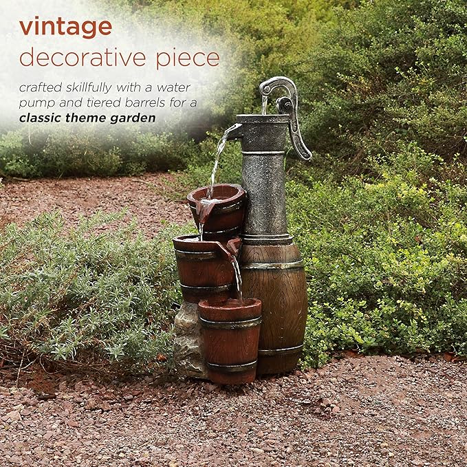 Alpine Corporation ZEN403S Indoor/Outdoor Floor Vintage Farmhouse Barrel Fountain, Rustic Waterfall for Garden, 24", Brown