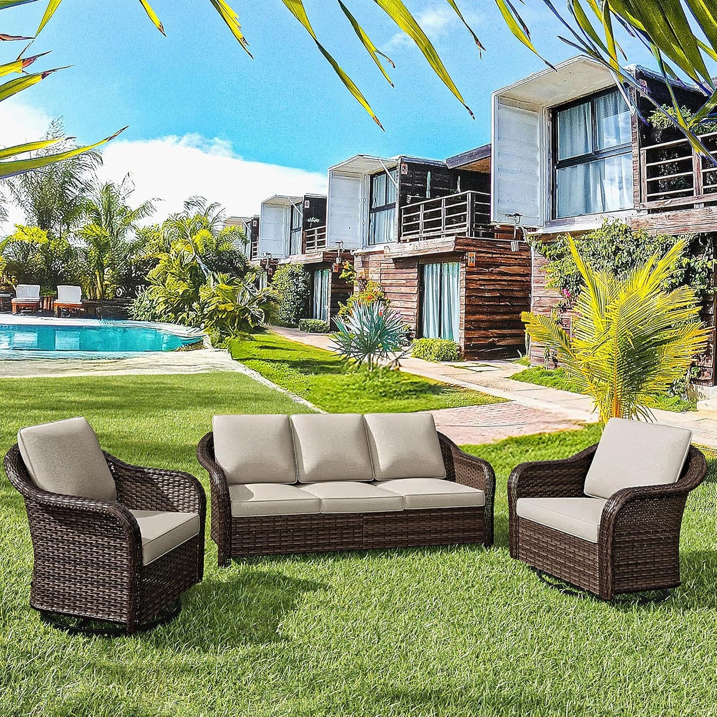 3 Pieces Patio Conversation Set, 78" Wicker 2-Seat Couch with Washable Cushions, Wicker 360 Degree Swivel Glider Rocker Chairs, Sofa for Garden, Lawn (Beige)