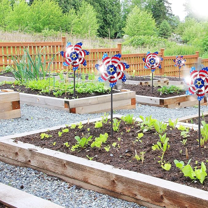 BATTIFE 10 Packs Patriotic Sparkly Reflective Pinwheels for Yard and Garden, American Flags Blinding Birds Pin Wheel Scare Birds & Animal Away, Wind Spinner for 4th of July