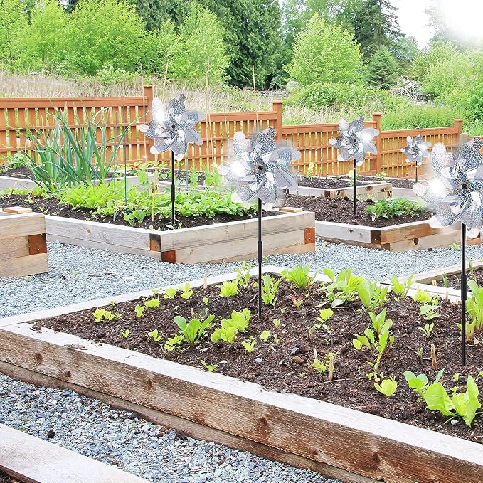 BATTIFE 12 Pack Pre-Assemble Sparkly Reflective Pinwheels | Silver Bird Blindness Pin Wheel | Scare Birds & Animals Away | Wind Spinner for Yard and Garden